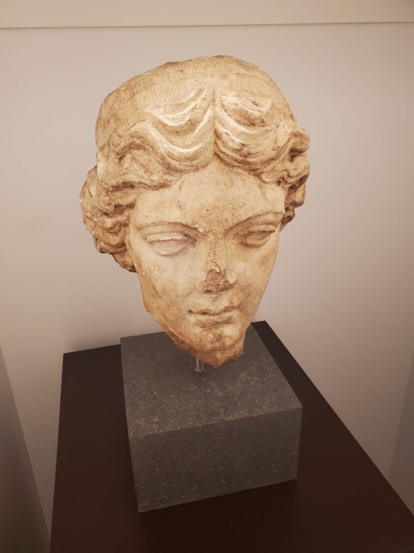 Ancient stone bust on a display stand.