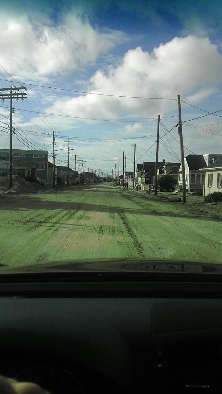 Street covered in green substance, cloudy sky.